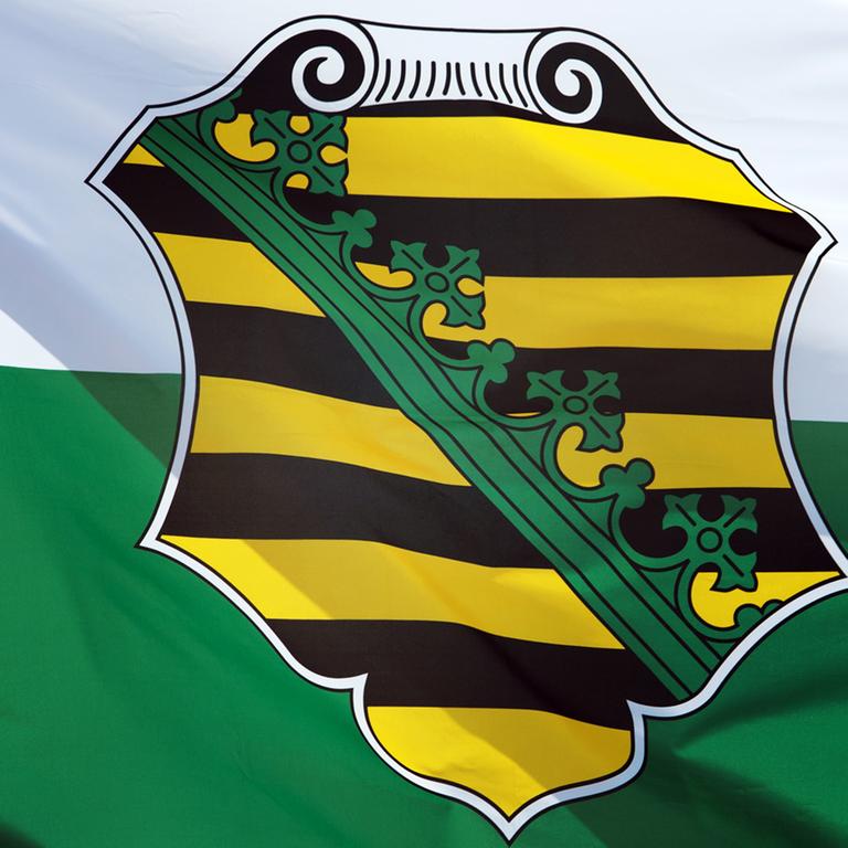 Das Wappen von Sachsen auf der grün-weißen Landesfahne