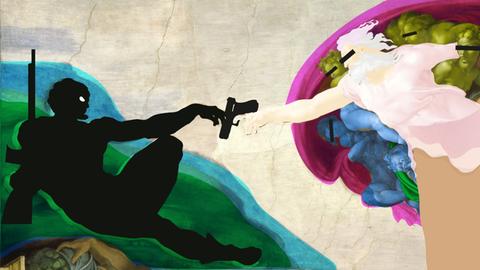 Eine Verfremdung des Deckenfreskos von Michelangelo in der Sixtinischen Kapelle. Hier berühren sich nicht die Zeigefinger von Gott und Adam, sondern von Gott und einem schwarz gekleideten Terroristen. Sie berühren jeweils ein Ende einer Pistole, wobei Gott den Abzug drückt.
