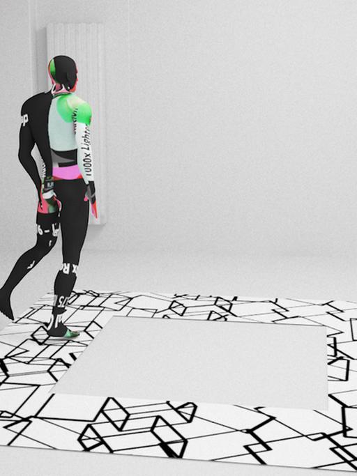 Eine digitale, menschliche Projektion läuft in einem weißen Studio ein quadratisches Muster ab.