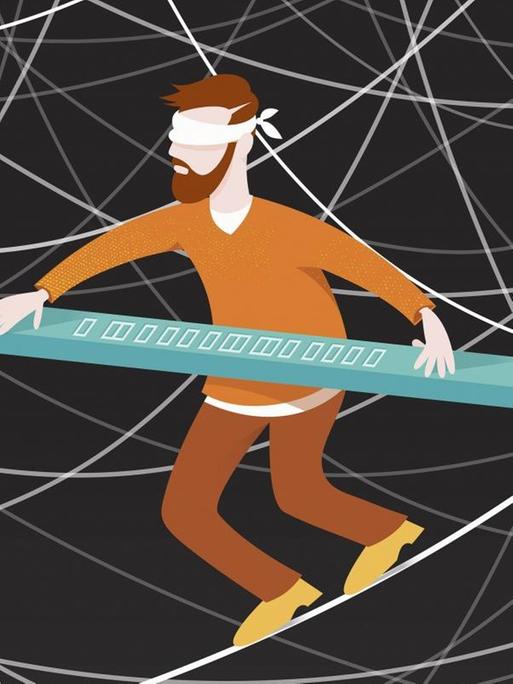 Ein Mann mit Augenbinde balanciert auf einem Drahtseil mit einem Bleistift zwischen verworrenen Linien. (Illustration)