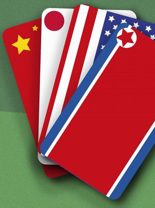 Die chinesische, japanische, amerikanische und nordkoreanische Flagge als Kartenspiel-Blatt.