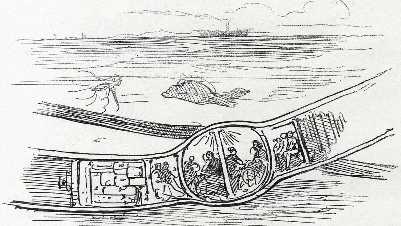 Die Qualitäten des Werkstoffs brachten Menschen auf Ideen. Karikatur einer Art Ärmelkanal aus Gummi, veröffentlicht im Vorfeld der Weltausstellung von 1867.
