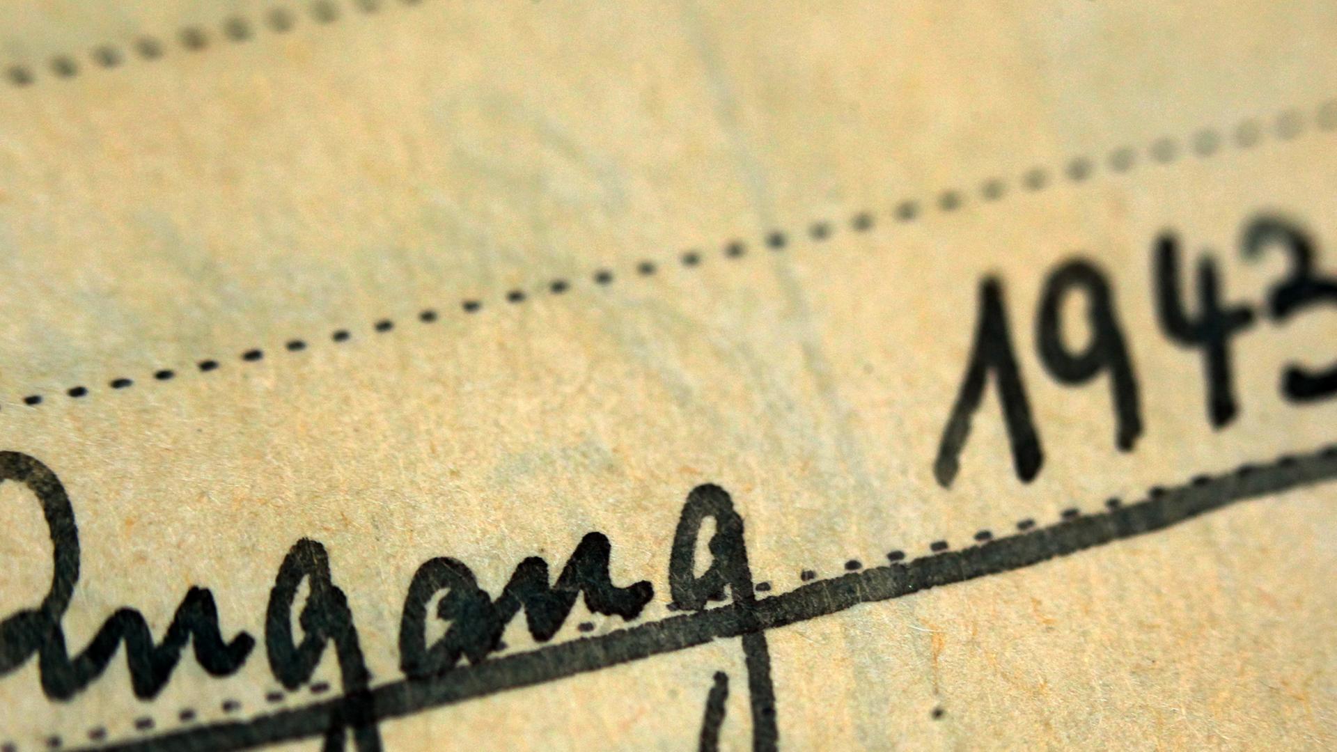 Der Ausschnitt einer historischen Museums-Akte zeigt den handschriftlichen Eintrag "Zugang 1943"