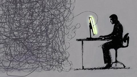 Stilisierter Mensch sitzt am Computer, von dem aus sich wirre Leitungen verhaken.
