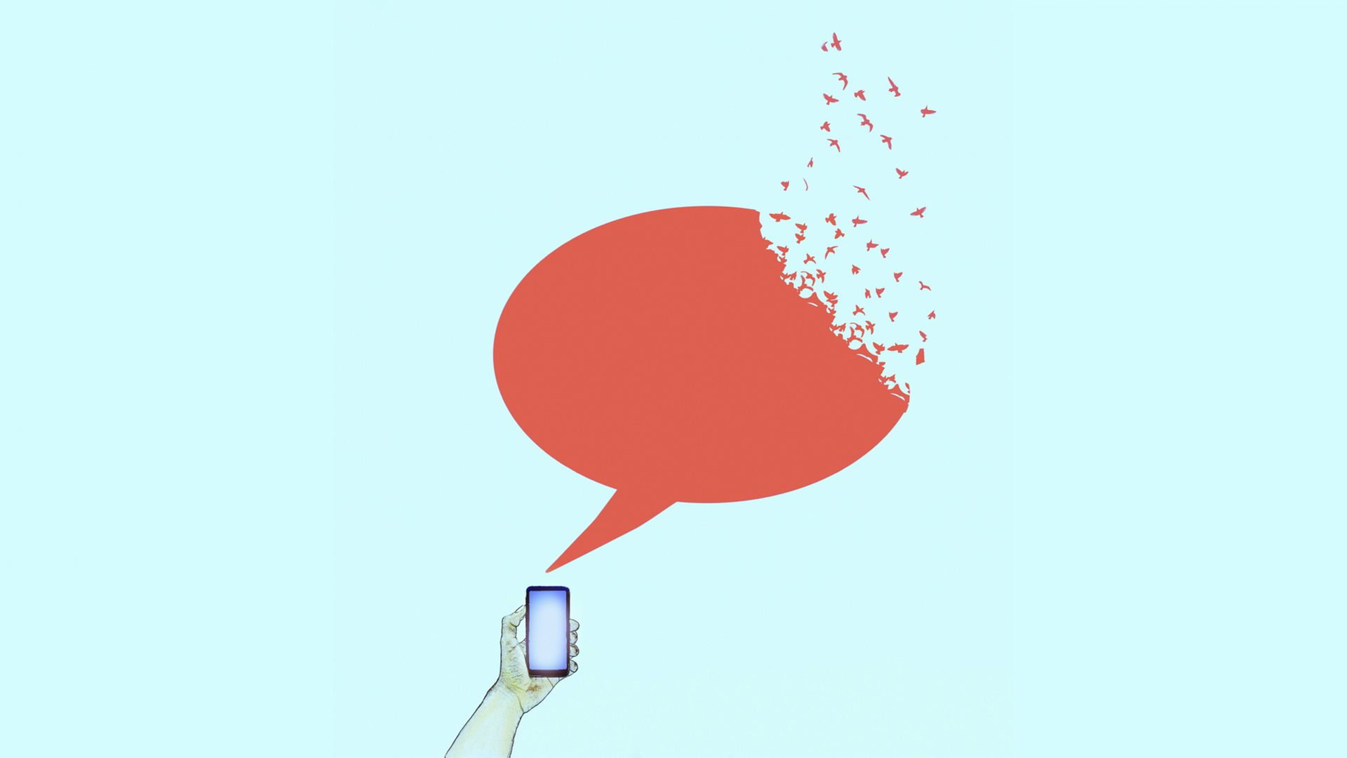Sprechblase, die aus einem Smartphone kommt und in Vögel zerfällt