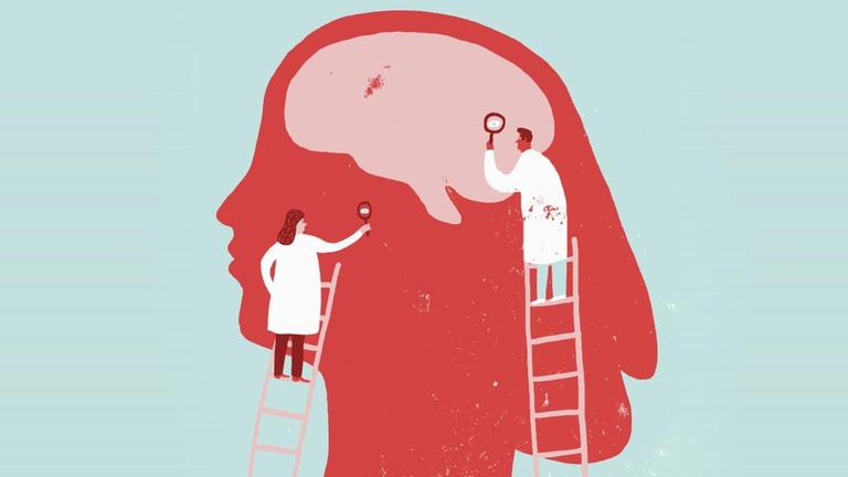 Eine Illustration zeigt wie Wissenschaftler durch eine Lupe auf das Gehirn einer Frau blicken.