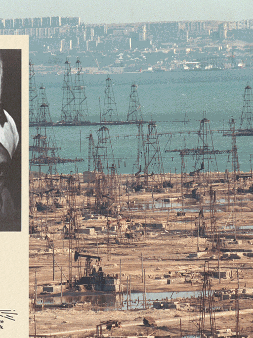 Cover von "Öl und Blut im Orient" von Essad Bey, im Hintergrund: Blick auf Ölfelder in Aserbaidschan.
