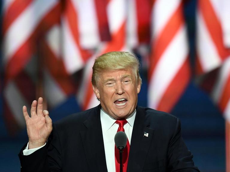 Trump steht vor einer Reihe US-amerikanischer Flaggen an einem Rednerpult