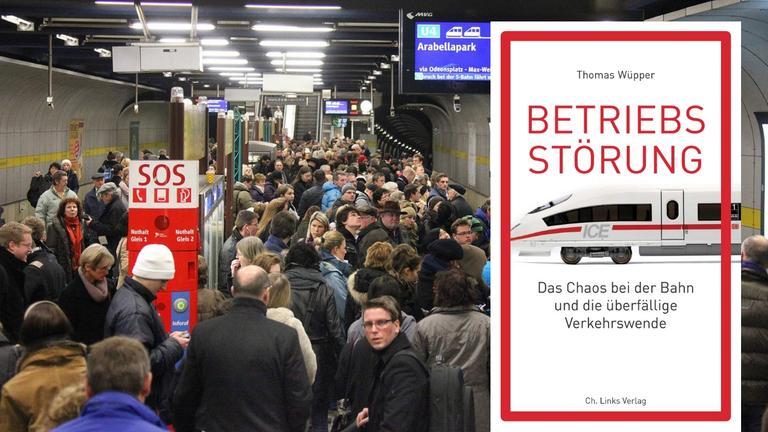 Das Buchcover "Betriebsstörung. Das Chaos bei der Bahn" vor einem HIntergrundbild: Eine Menschenmenge auf dem Bahnsteig der S-Bahn U4 in München.