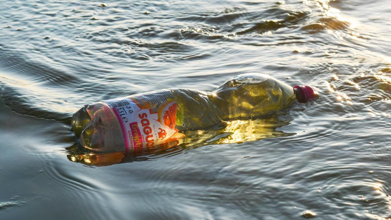 Eine Plastikflasche treibt in der Ostsee.