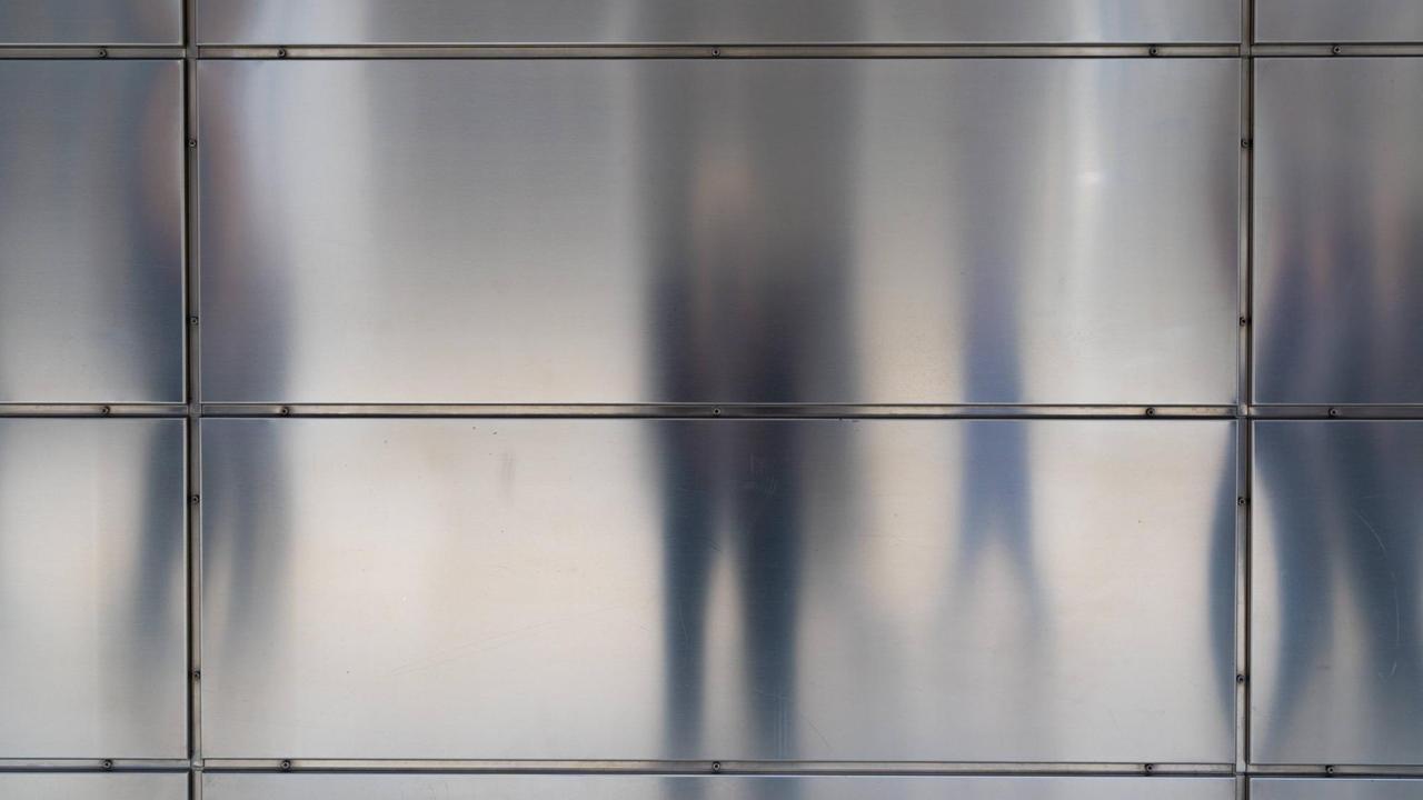 Flüchtige Schatten auf der matten Metallfassade eines Bürohauses in der Hamburger HafenCity