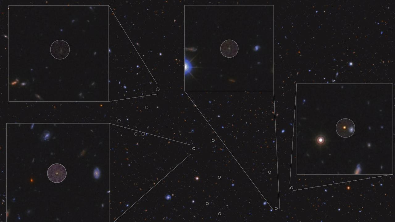 Die mit dem Teleskop auf La Palma entdeckten Galaxien sind eingekreist; vier Objekte sind im Detail gezeigt