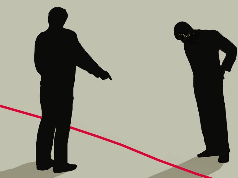 Eine rote Linie trennt zwei Menschen voneinander.
