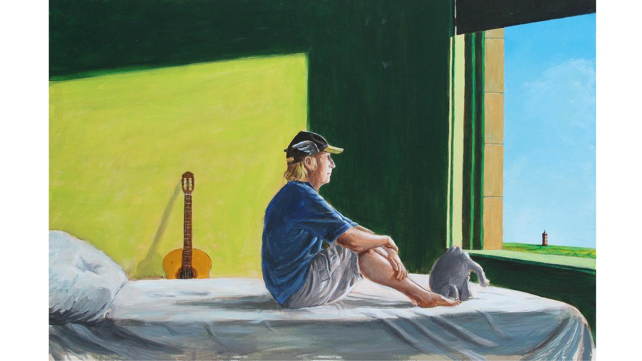 Das Bild von Otto Waalkes "Sitting in the morning sun" wurde von Edward Hoppers Gemälde "Morgendliche Sonne" inspiriert und hängt derzeit im Caricatura Museum.
