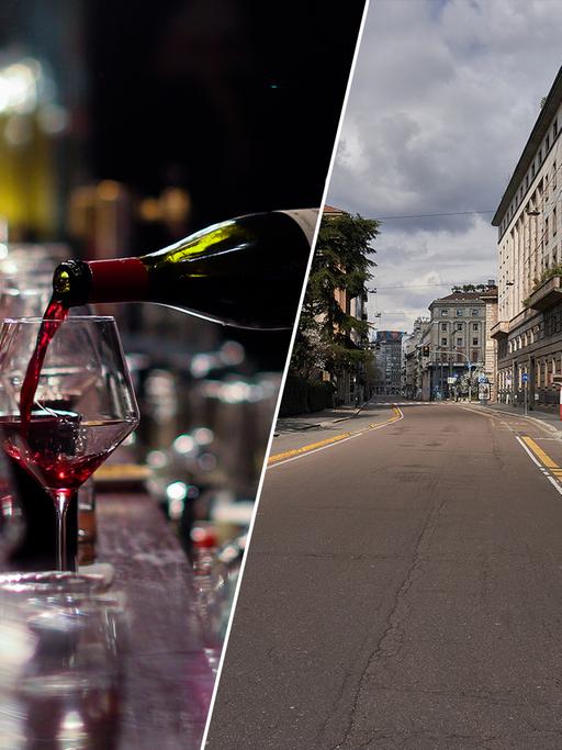 Links in der Collage wird an einer Bar Wein eingeschenkt, rechts eine leere Straße in Mailand.