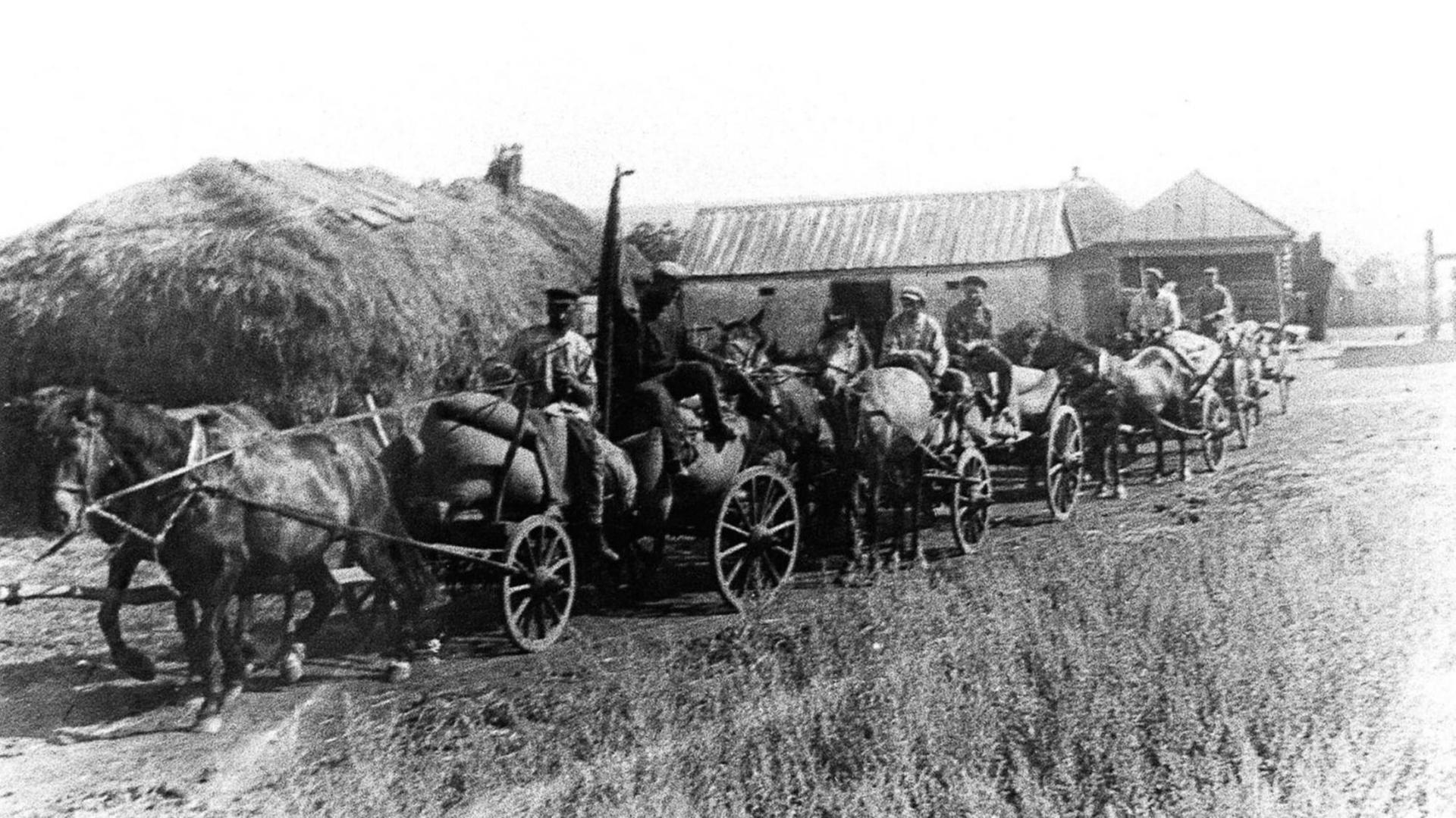 In einem ukrainischen Dorf bei Charkiw werden 1932 im Auftrag der Bolschewiken mit Pferdewagen Lebensmittel abtransportiert.