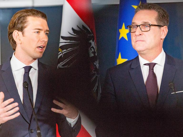 ÖVP-Chef Kurz und der FPÖ-Vorsitzende Strache präsentieren das Regierungsprogramm der sogenannten türkis-blauen Koalition.