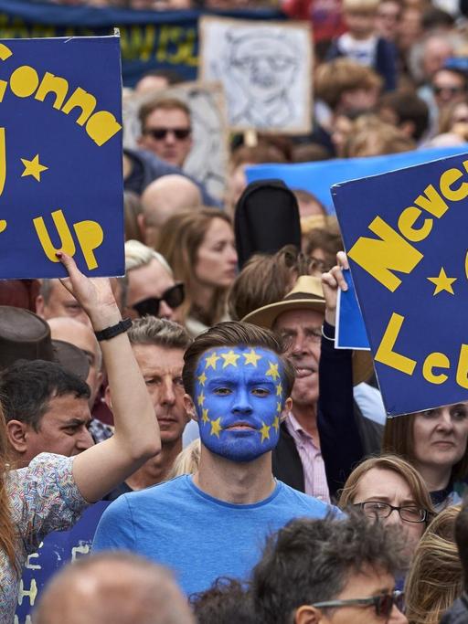 Menschen halten bei einem Protest gegen das Brexitreferendum in London Pro-Europa-Plakate hoch.