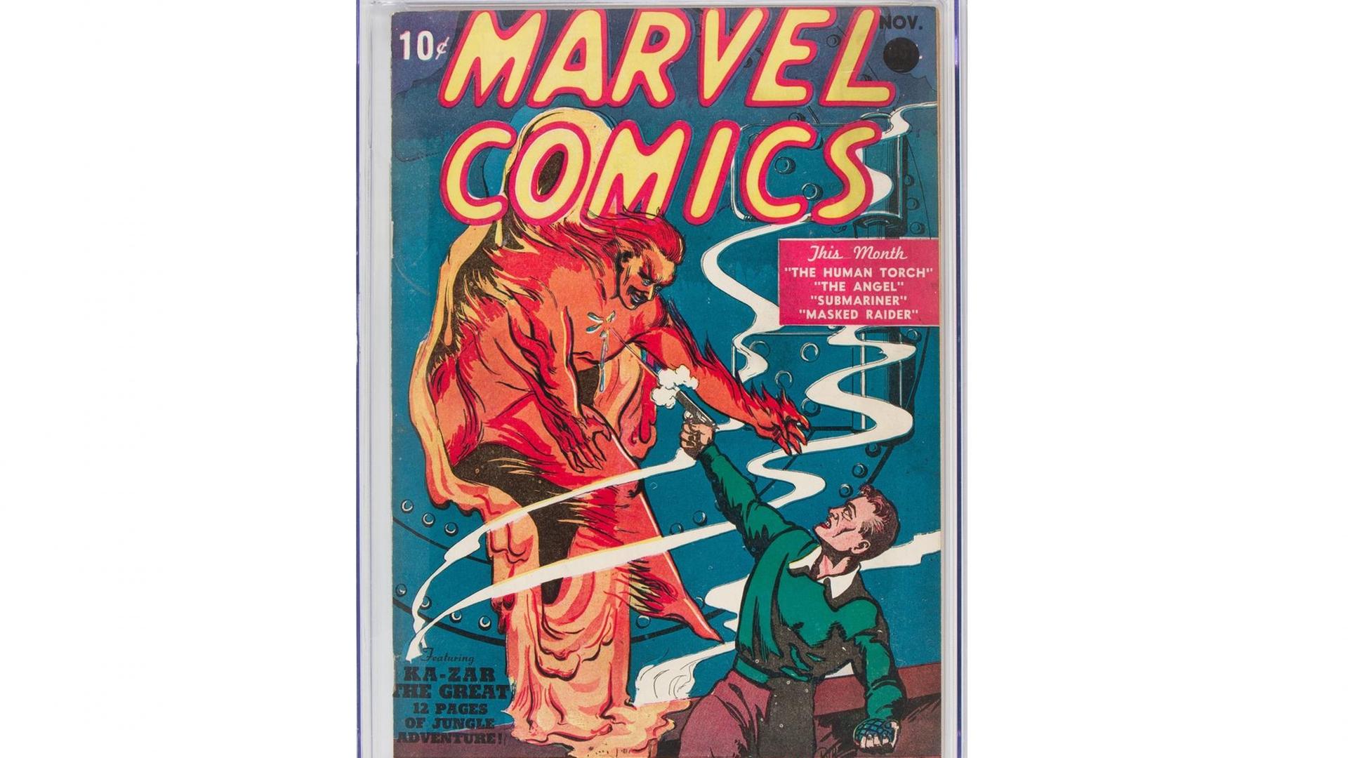 Der allererste veröffentlichte Comic des Verlags Marvel aus dem Jahr 1939. Man sieht das Cover mit dem Titel "the Marvel Comics". Der allererste veröffentlichte Comic des Verlags Marvel aus dem Jahr 1939. Man sieht das Cover mit dem Titel "the Marvel Comics".