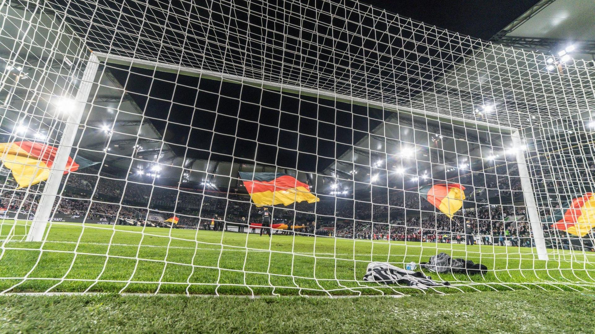 Blick auf das Spielfeld eines Fußballstadions durch ein Tornetz hindurch. Auf dem Rasen stehen vier Personen, die große Deutschlandflaggen schwenken.