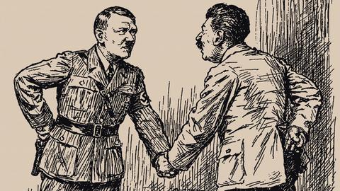 Eine Karikatur aus dem Jahr 1939 ("Punch Magazine") zeigt den Handschlag zwischen Hitler und Stalin.