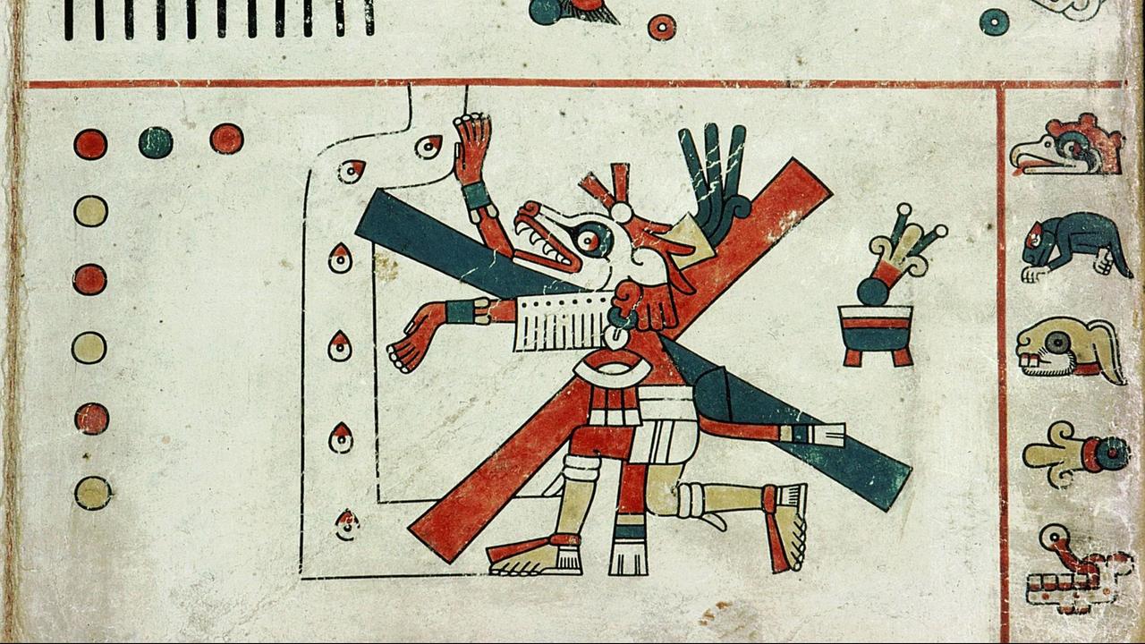 Detail einer Tafel einer aztekischen Bilderhandschrift des Codex Fejervary-Mayer aus Zentralmexiko. Sie zeigt den Gott Xolotl.