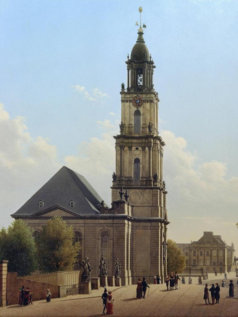 Die Garnisonkirche in Potsdam auf einem Gemälde von 1827, von Carl Hasenpflug. (Öl auf Kupfer, Berlin, Stiftung Stadtmuseum).
