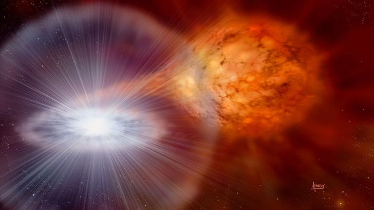 Bei wiederkehrenden Novae werden auch Lithium-Kerne erbrütet, die bei einer Supernova-Explosion in den umgebenden Weltraum geschleudert werden (Animation)