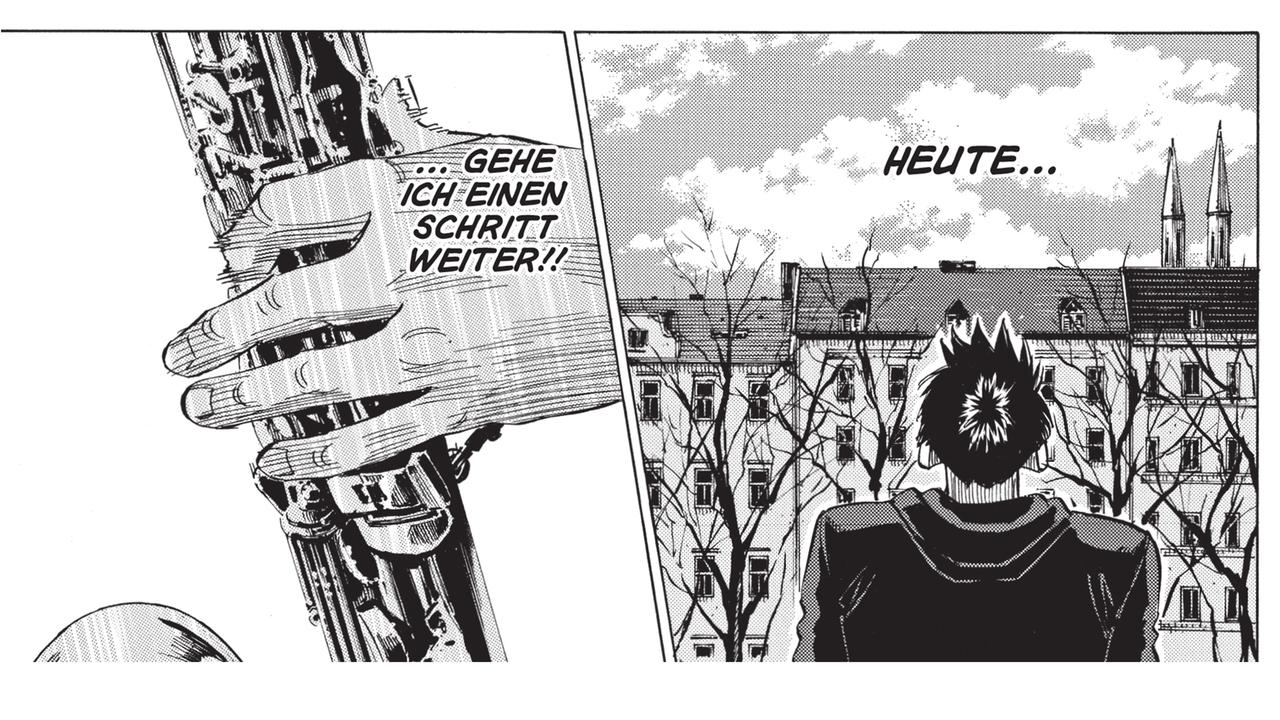 Ausschnitt aus dem Manga "Blue Giant Supreme": Eine Hand am Saxophon ist zu sehen, rechts danaben, schaut eine Figur, vom Balkos aus, auf die gegenüberliegende Hausfassaden.