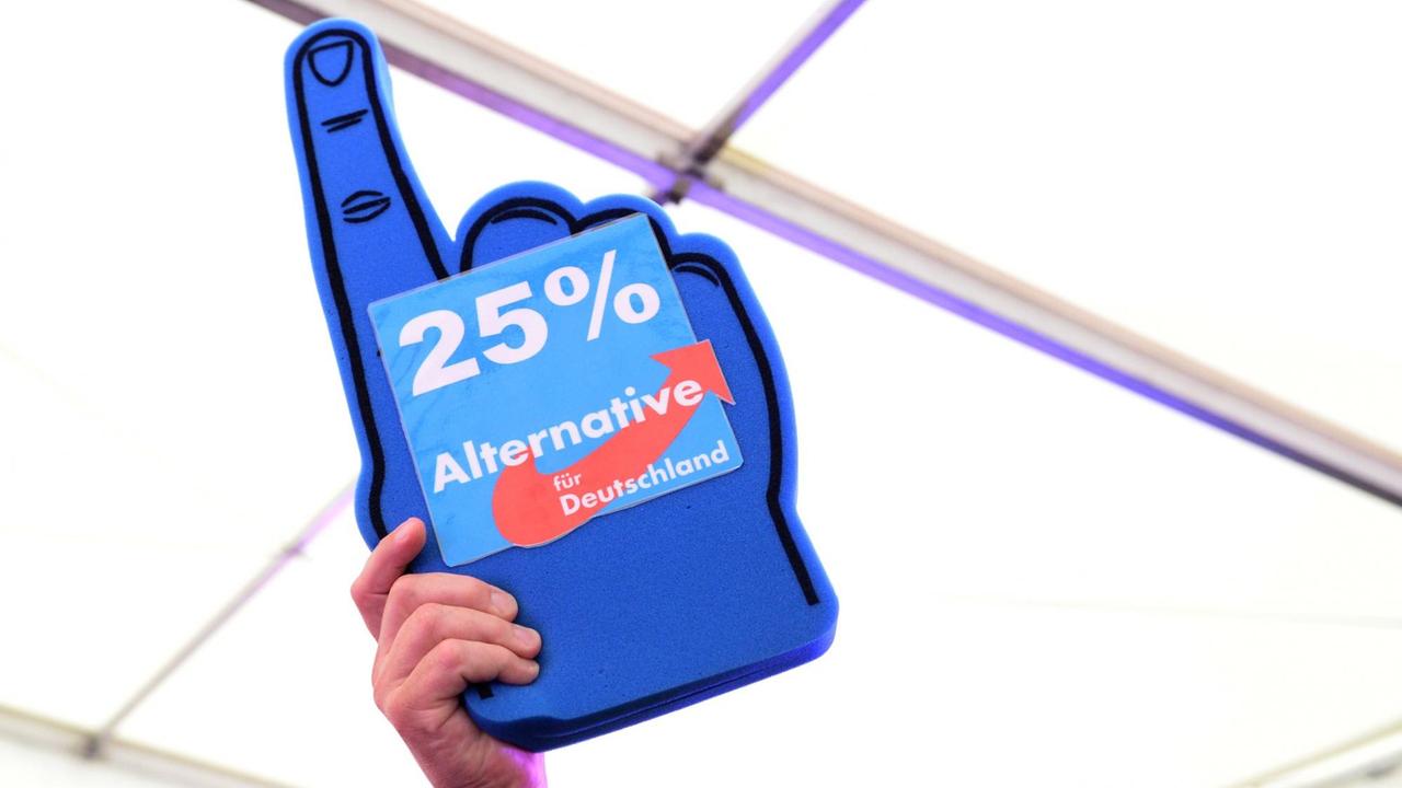 Ein Werbe-Artikel der AfD mit der Aufschrift "25 Prozent" wird am 04.09.2016 in Schwerin (Mecklenburg-Vorpommern) nach der Bekanntgabe der ersten Ergebnisse zu den Landtagswahlen bei der Wahlparty in die Höhe. 