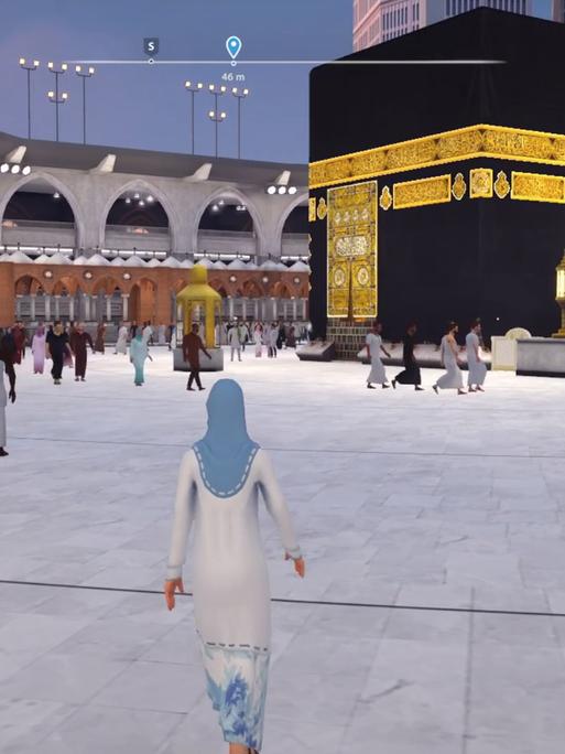Der Avatar einer Muslima in weißem Gewand und hellblauen Kopftuch geht auf die Kaaba zu