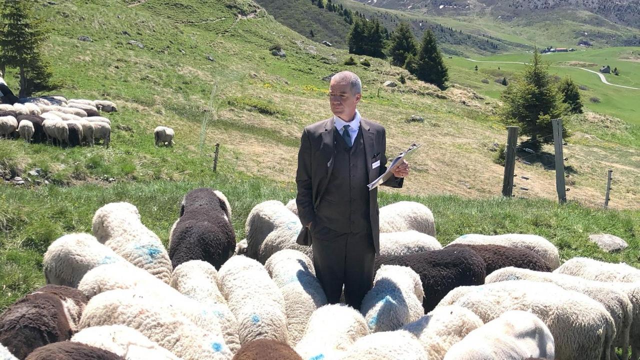 Ursus Wehrli steht auf einer Weise in den Bergen. Er ist umgeben von Schafen. In der Hand hält er ein Klemmbrett.
