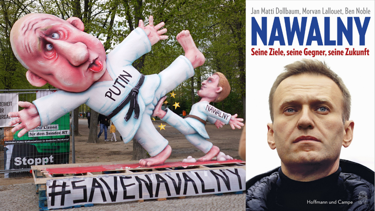 Buchcover von "Nawalny. Seine Ziele, seine Gegner, seine Zukunft" vor einer Instalation, die Putin und Nawalny zeigt
