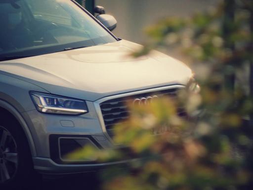 Das „Gesicht” eines modernen Autos scheint durch Blätter eines Baumes. Das „Gesicht” eines modernen Autos scheint durch Blätter eines Baumes.