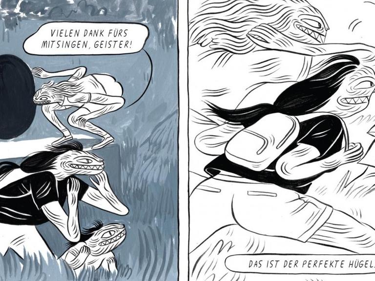 Ausschnitt aus der Graphic Novel "Steinfrucht" von Lee Lai: Figuren, die wie Mischwesen aus Mensch und Tier erscheinen, sind in einem Park unterwegs.