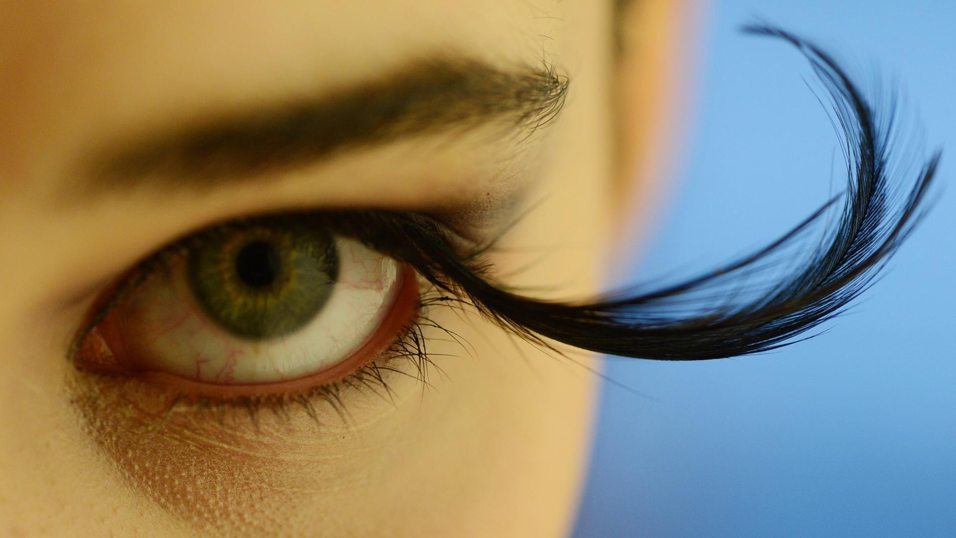 Das Auge eines Fotomodels mit überlangen künstlichen Wimpern