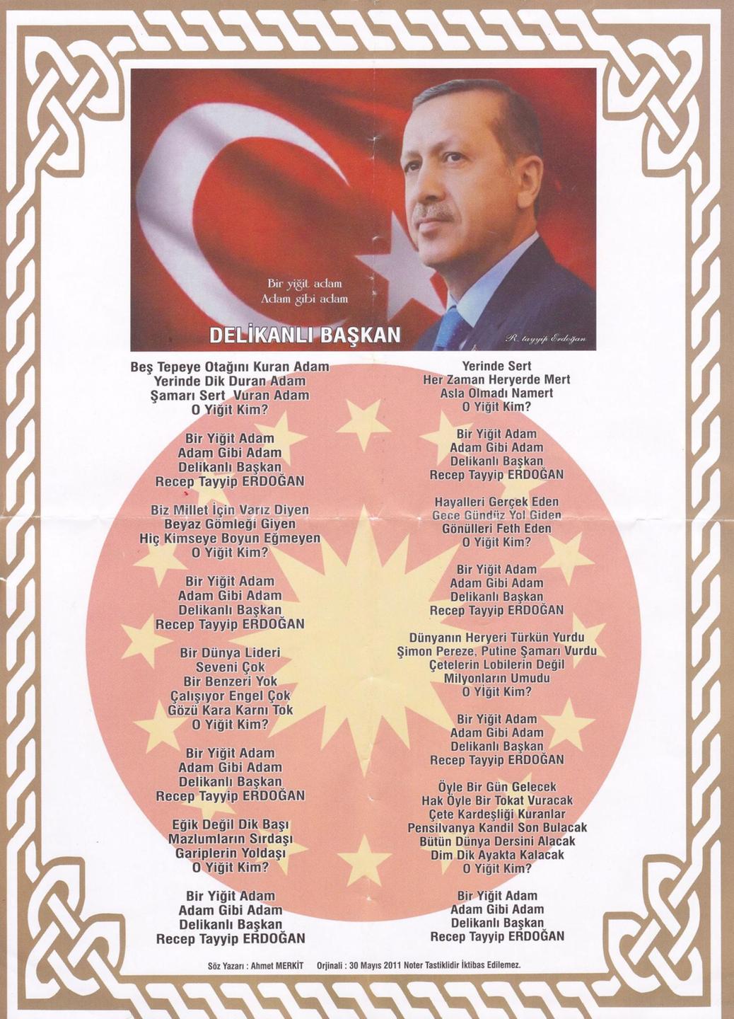 Ein Gedicht für den türkischen Präsidenten Recep Tayyip Erdogan von einem seiner Anhänger, verziert mit einem Bild Erdogans und Ornamenten
