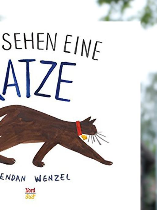 Buchcover "Alle sehen eine Katze" von Brendan Wenzel, im Hintergrund eine Katze auf einem Dorfplatz