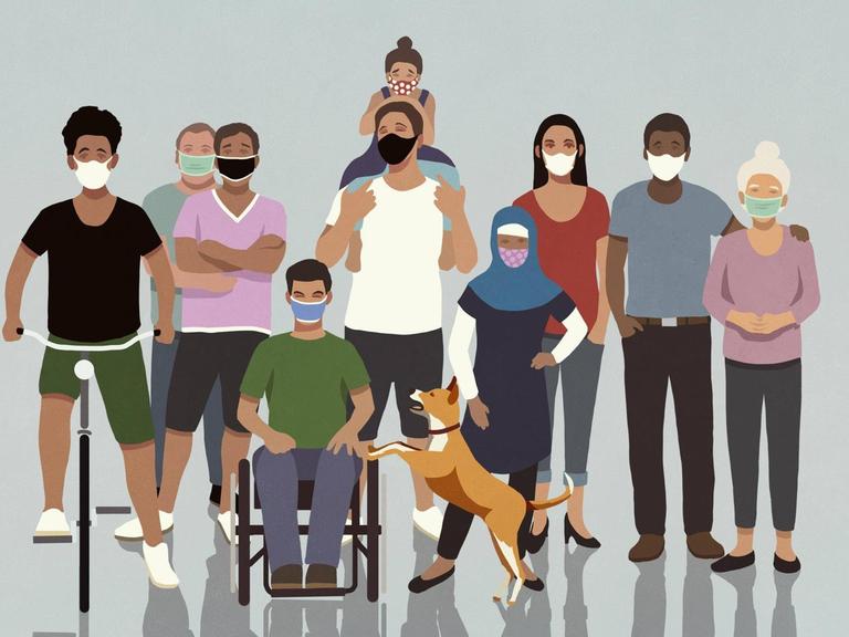 Gruppenbild unterschiedlicher Menschen mit Masken. (Illustration)