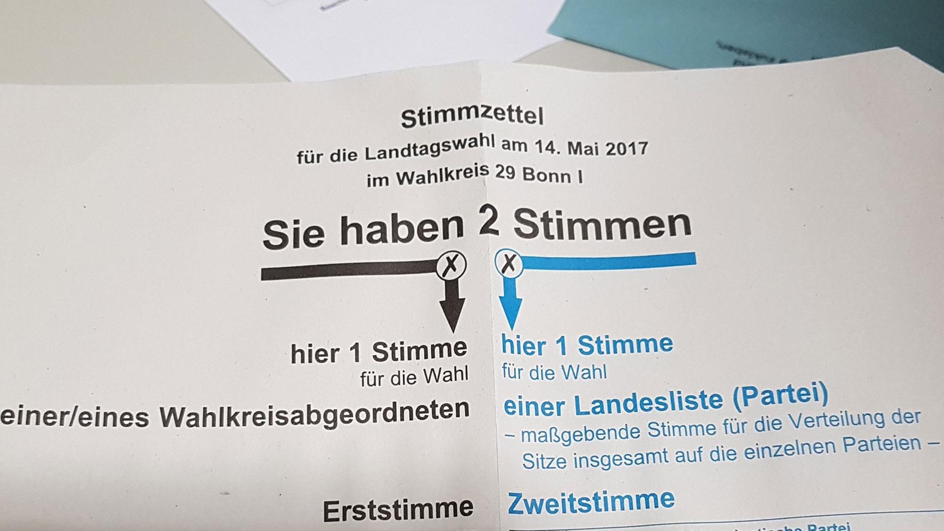 Ein Stimmzettel für die Landtagswahl in Nordrhein-Westfalen am 14. Mai.