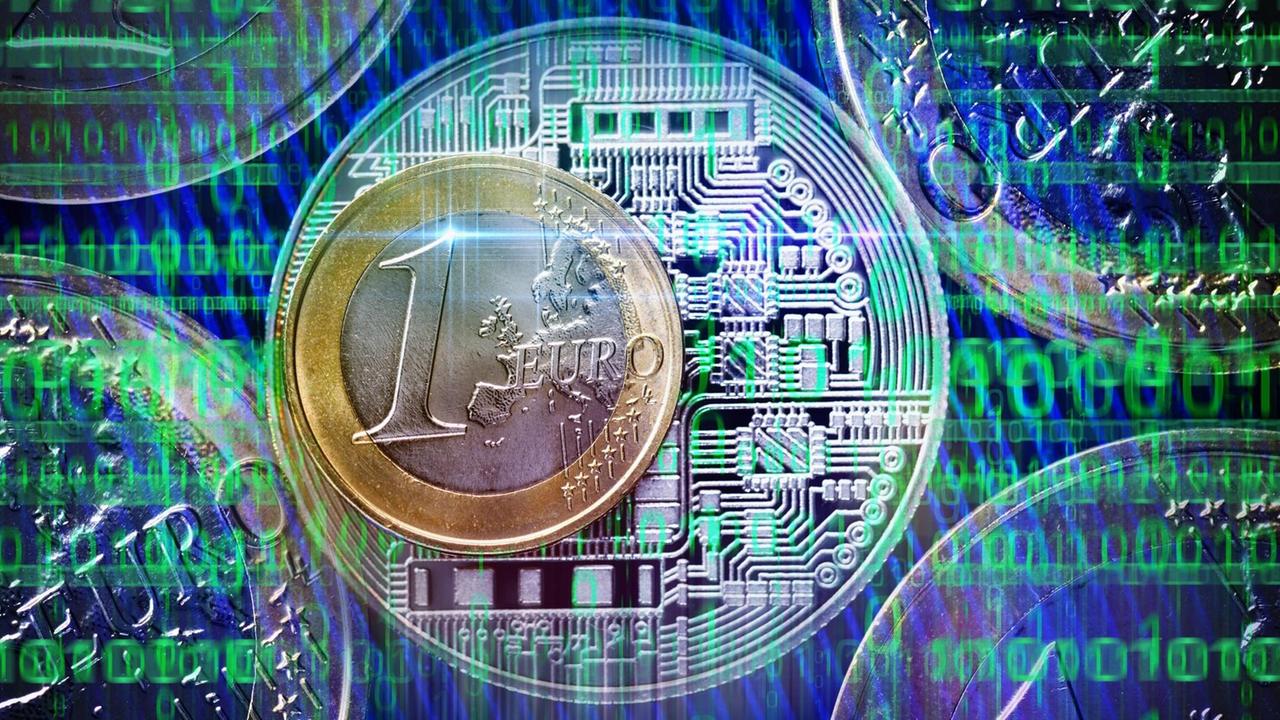 Ansicht einer Ein-Euro-Münze vor digitalem Hintergrund.