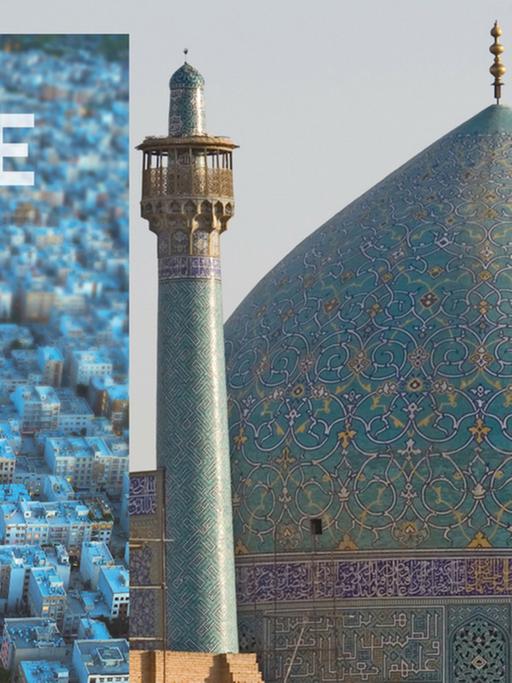 Buchcover: "Inside Iran" von Cornelius Adebahr, Dietz Verlag. Hintergrundbild: Eines von zwei Minaretten und die Kuppel der großen Schah-Moschee auf dem zentralen Meidan-Platz in Isfahan.