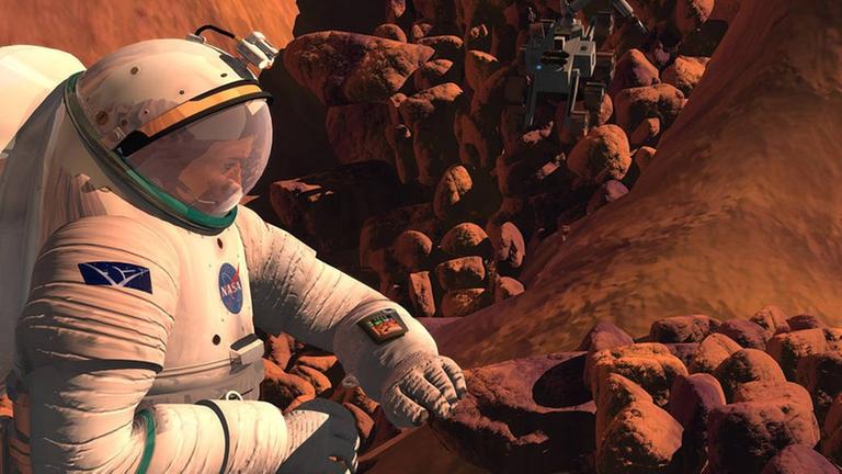 Illustration auf eines Astronauten, der Steine auf dem Mars sammelt.