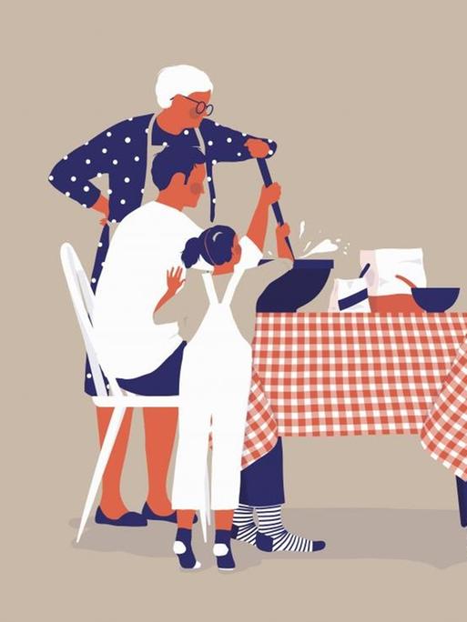 Eine Illustration zeigt drei Generationen rühren an einem stilisierten Küchentisch, die gemeinsam einen Pudding umrühren.