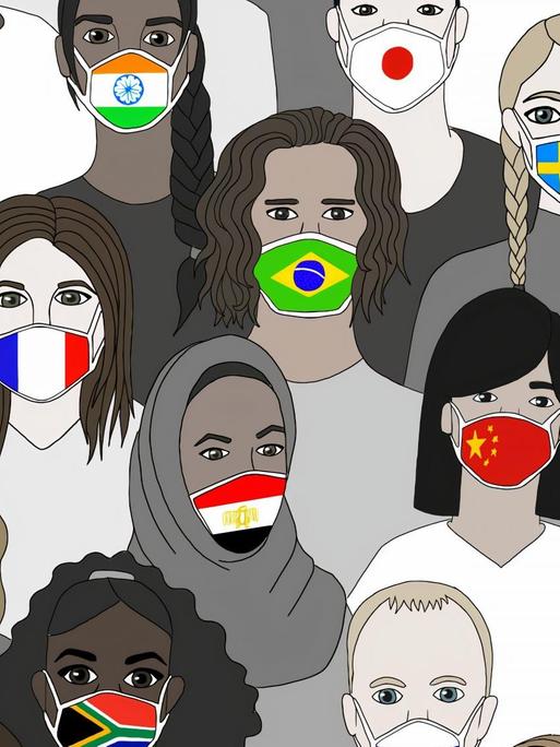 Illustration einer Menschenmenge, von der jeder einen Mund-Nasenschutz mit dem Motiv einer anderen Staatsflagge trägt.