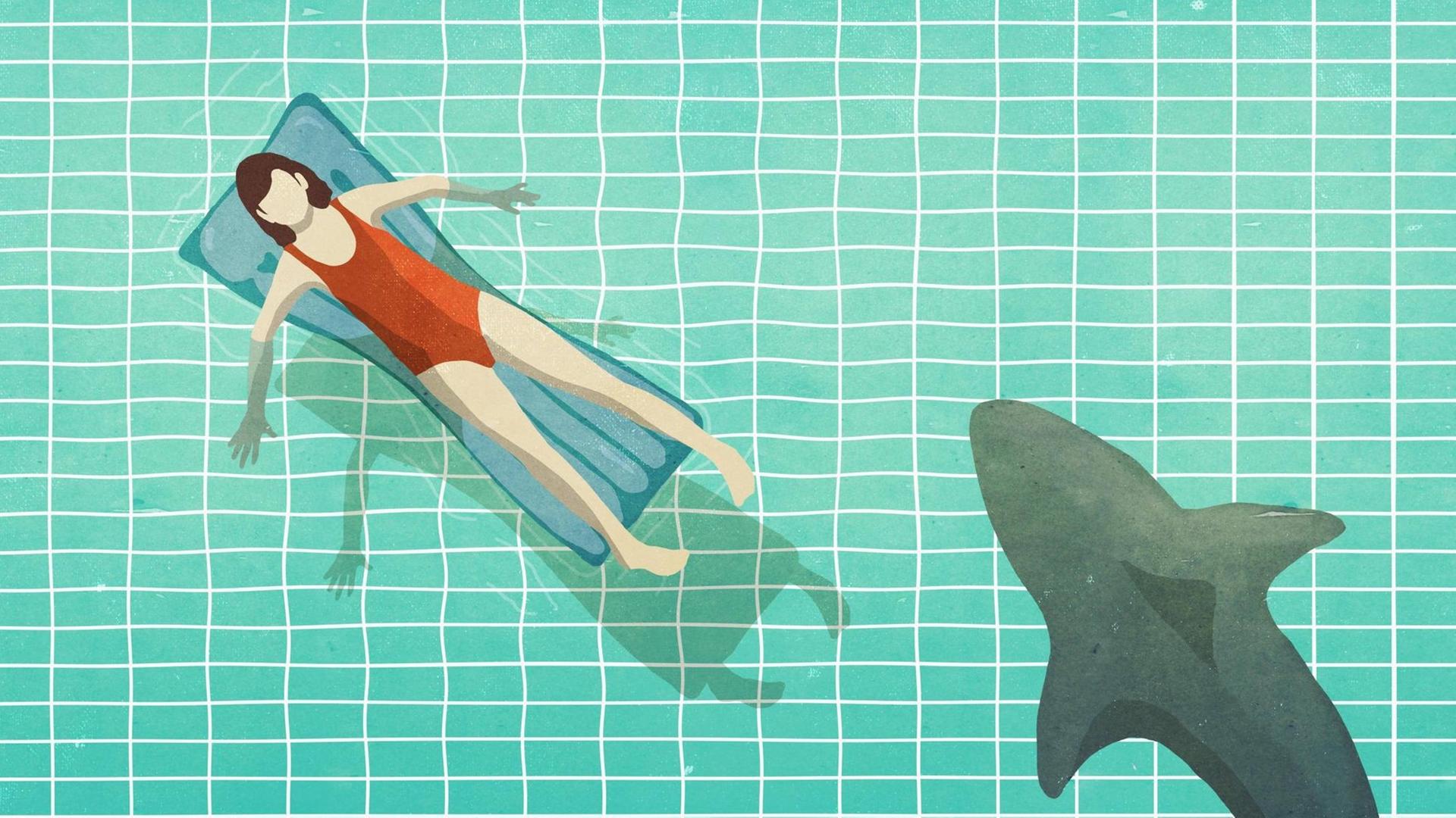 Auf einer Illustration zu sehen ist ein Hai, der in der Nähe einer Frau, die in einem Pool und auf einer Luftmatraze liegt, schwimmt.