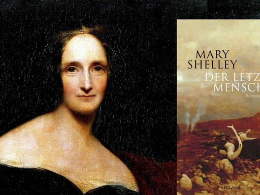 Portrait der britischen Schriftstellerin Mary Wollstonecraft Shelley (1797-1851). Gemälde von Richard Rothwell (1800-1868), um 1840. National Portrait Gallery London und Buchcover: Mary Shelley: „Der letzte Mensch“