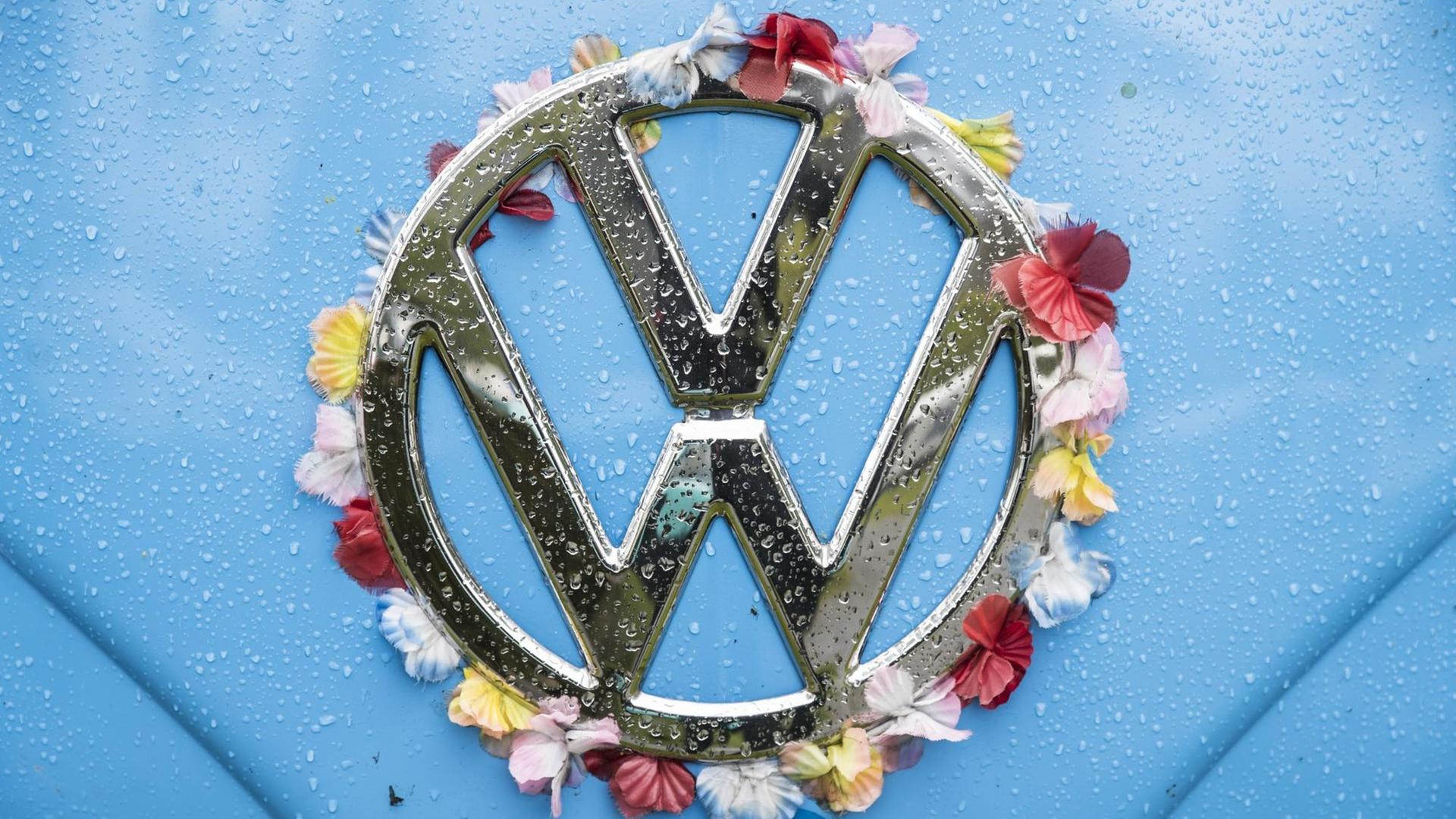 Ein Volkswagen-Logo, nass vom Regen, auf einem blauen VW Bus, geschmückt mit einer Kunststoff-Blumenkette.