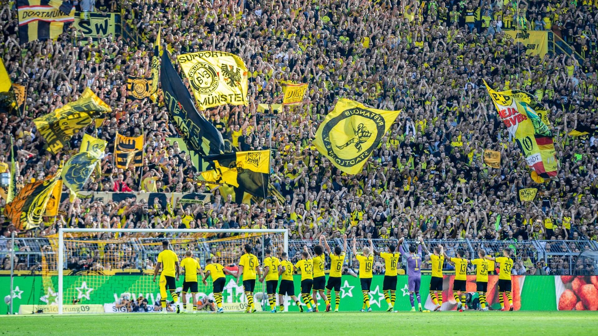 Dortmunder Spieler jubeln nach dem Spiel vor den Fans.