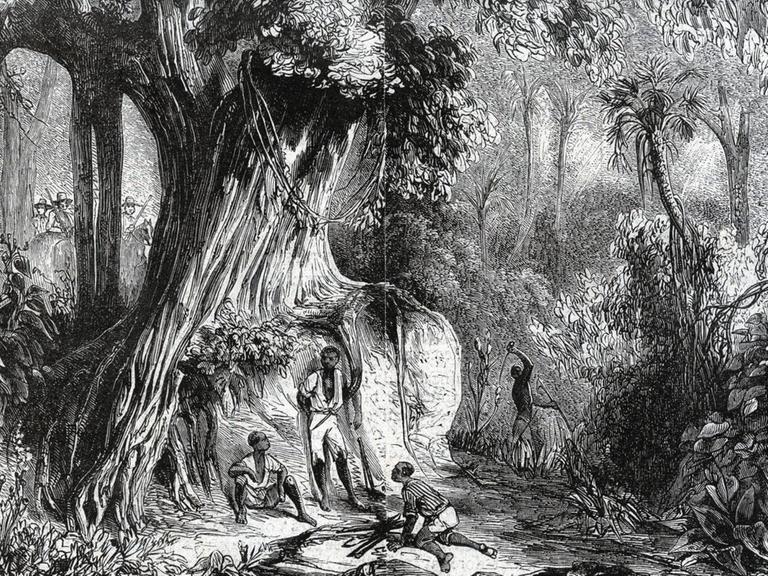 Im Vordergrund Sklaven im Wald, im Hintergrund Sklavenjäger.